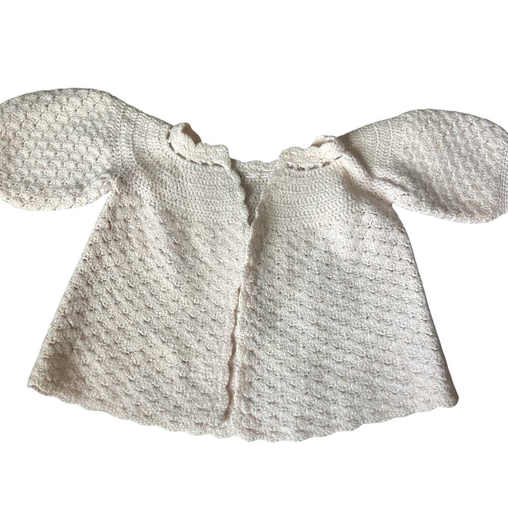 Vtg Baby Sweater Cardigan Handmade Crocheted Pale Pink BEAUTIFUL